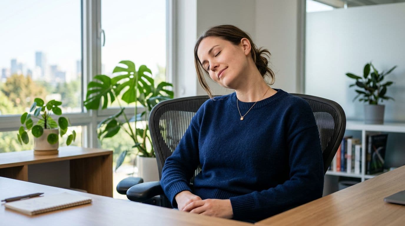 A person seated in an office desk chair gently tilts their neck to one side with a relaxed expression. The background includes a window and office plants, in a clean photographic style with clear daytime lighting.