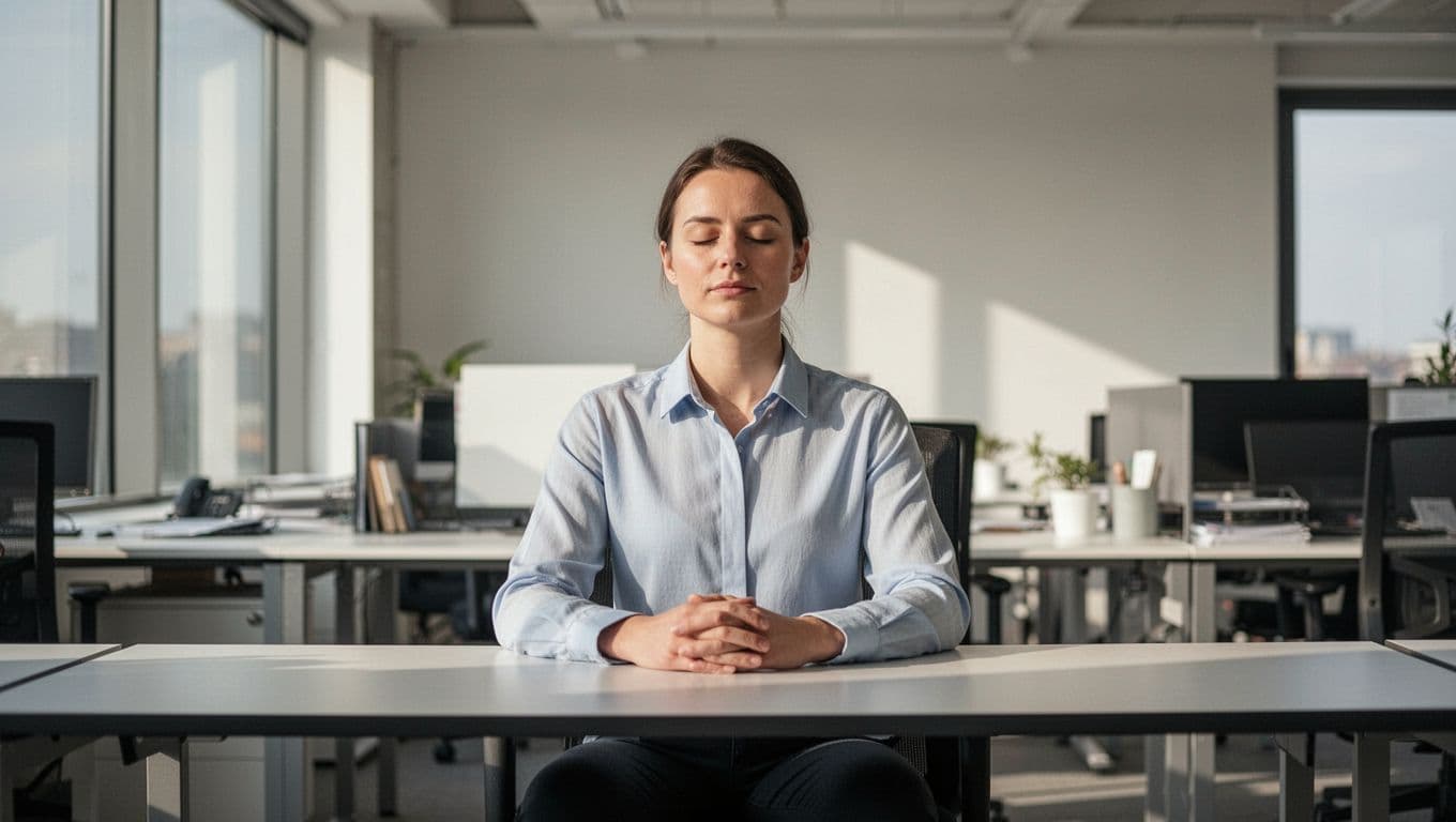 Office worker at desk in modern open office, relaxed with eyes closed and hands on lap during short mindfulness exercise, soft natural daylight, realistic professional photo focused on calm expression.