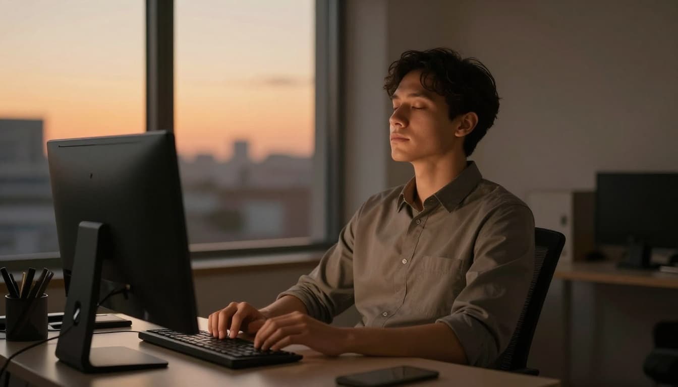 A relaxed office employee in a modern environment sits at a desk with dim sunset light filtering through the window, eyes closed breathing deeply in a calm posture.