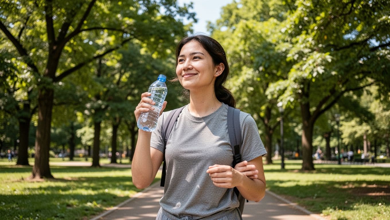 A person takes a short break while walking in a sunny park near work, casually drinking from a water bottle with a light relaxed smile amid green trees.