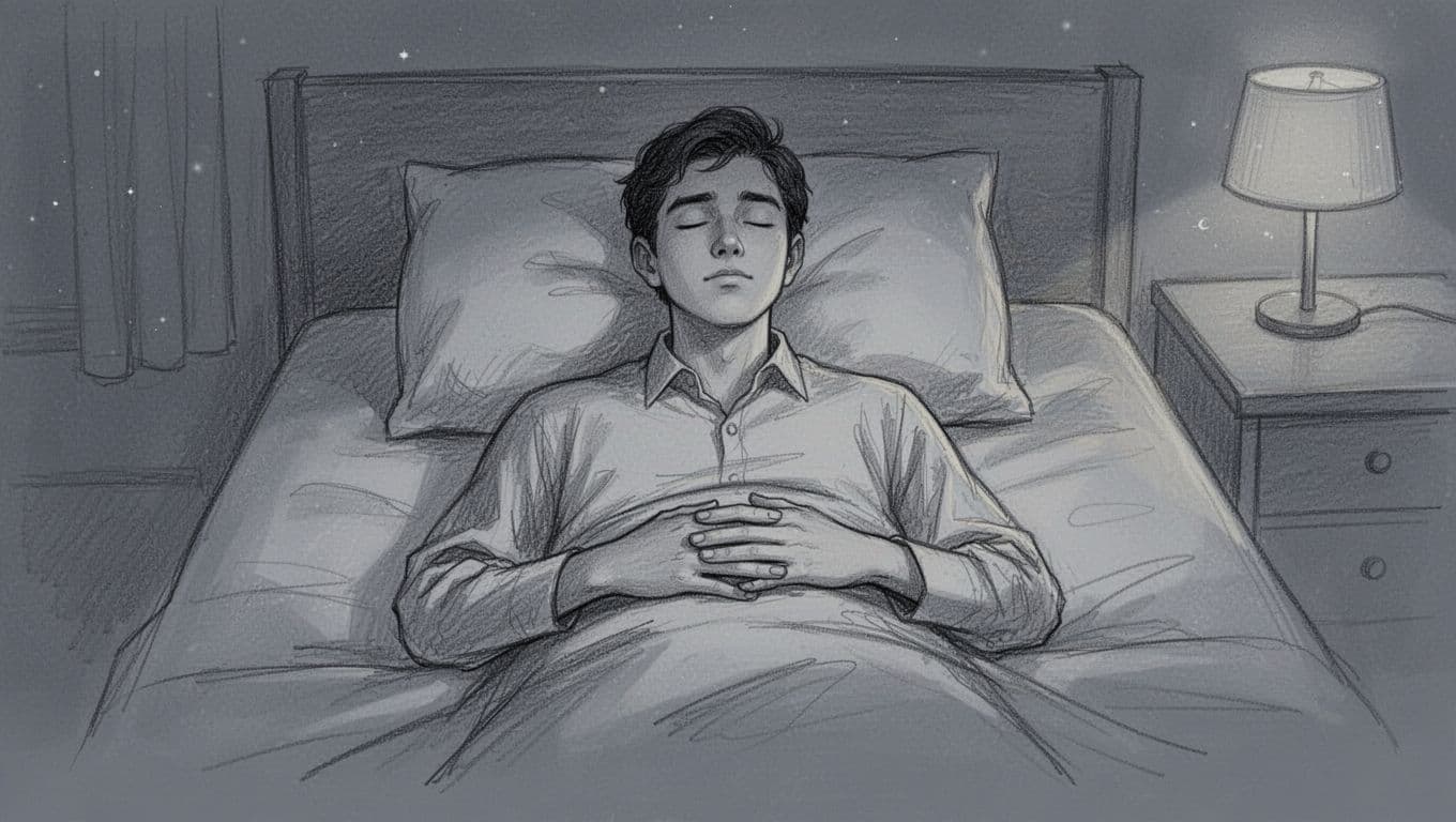 Relaxed young professional lying in bed at bedtime with eyes closed in calm repose, hands on belly, steady breathing under soft dim lighting. Hand-drawn graphite sketch with light shading on clean light gray paper background.