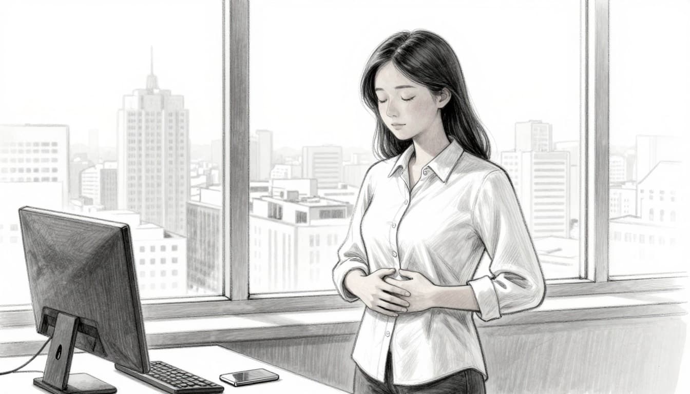 Hand-drawn sketch of a young professional standing by an office window, eyes closed, breathing deeply with hand on belly, smartphone aside showing a faint streak badge, evoking calm after reducing screen time.