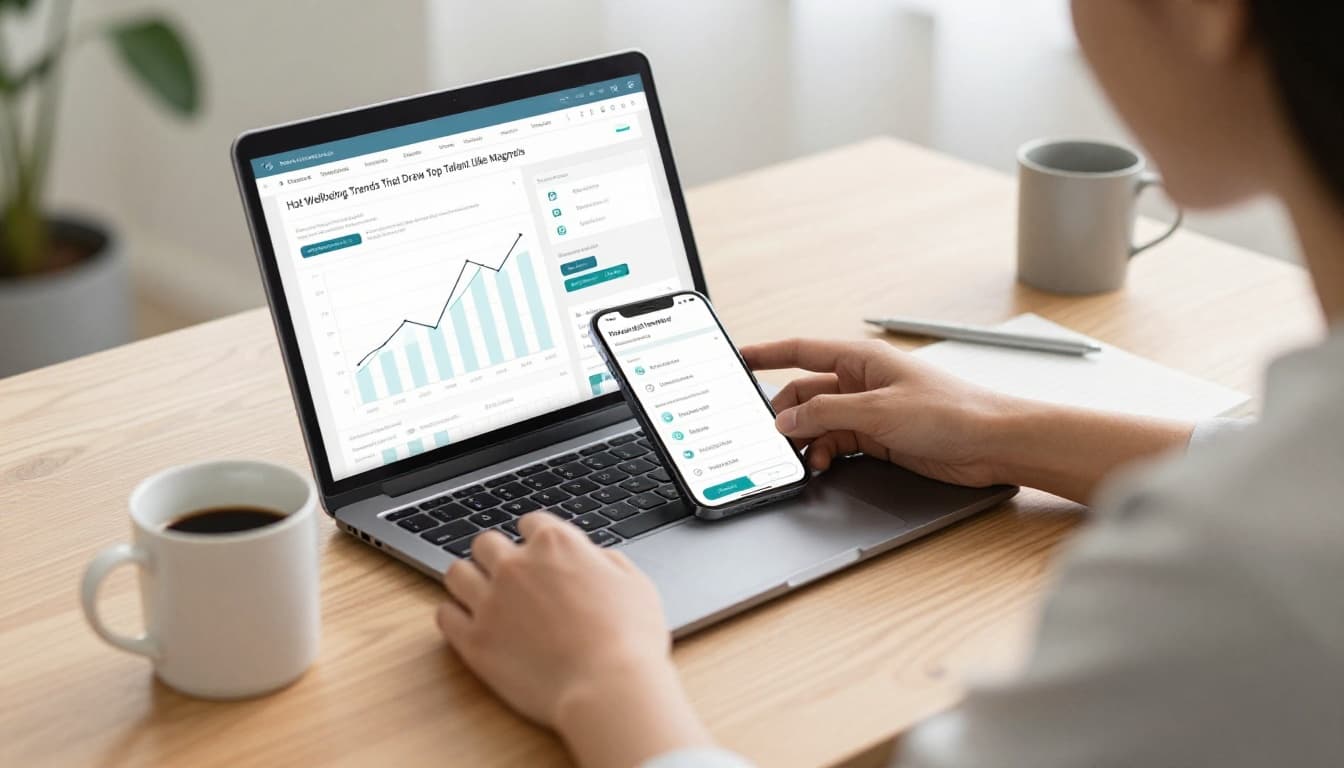 Young professional in a calm home office reviews financial wellness app on laptop at desk with coffee mug, vague charts, relaxed posture, natural light, realistic style.
