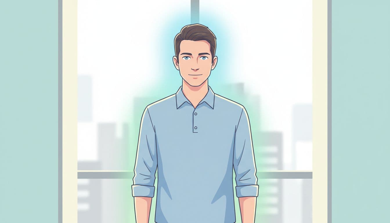 Half-body front view of exactly one young professional man standing relaxed post-breathing exercise, with shoulders down, clear focused eyes, subtle calm glow, in a simple office with soft window light, modern illustration in soft blue-green pastels.