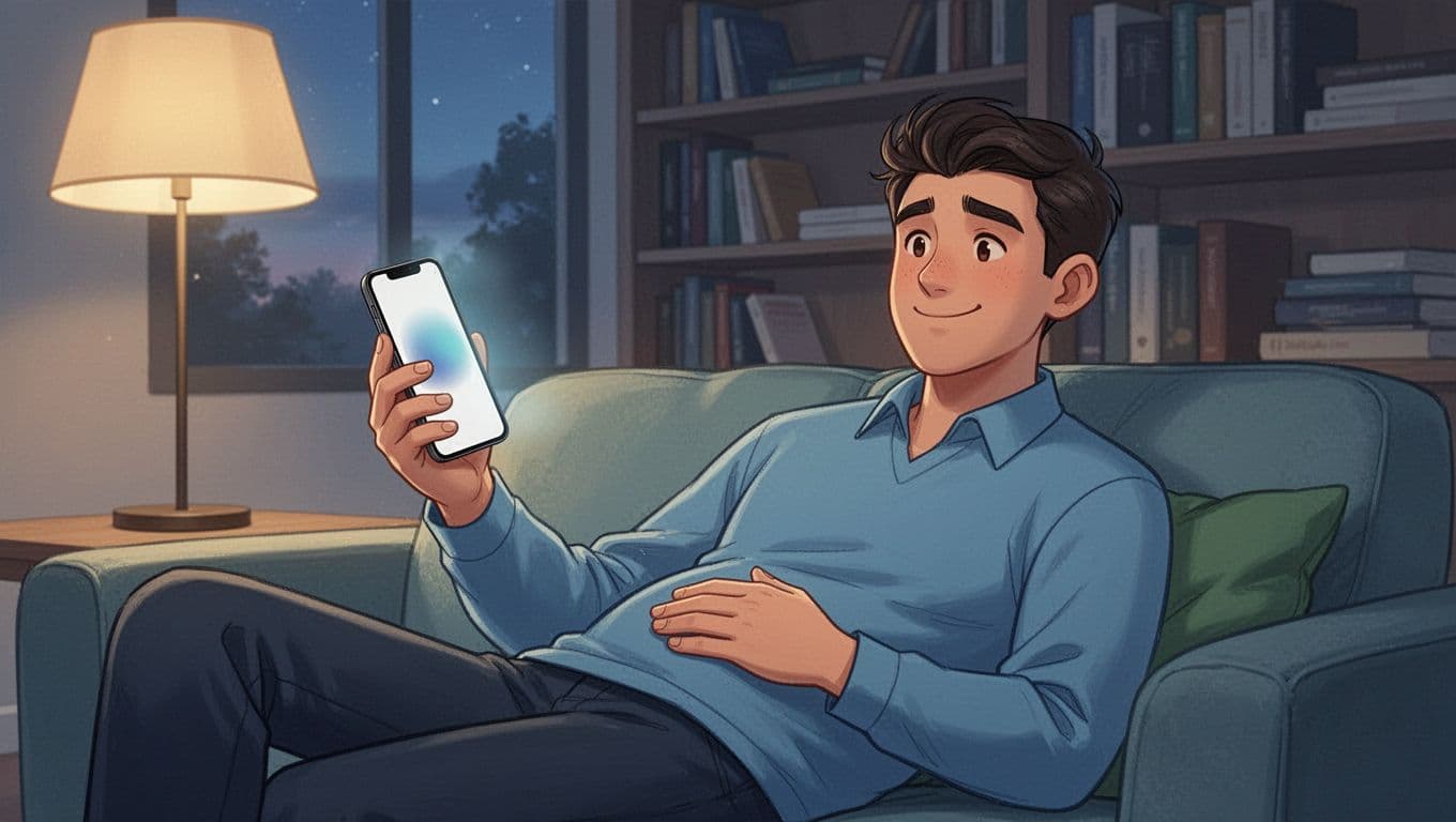 Young professional man reclined on cozy couch at dusk, holding blurred smartphone loosely with relaxed posture and gentle smile, evoking peaceful emotional support.