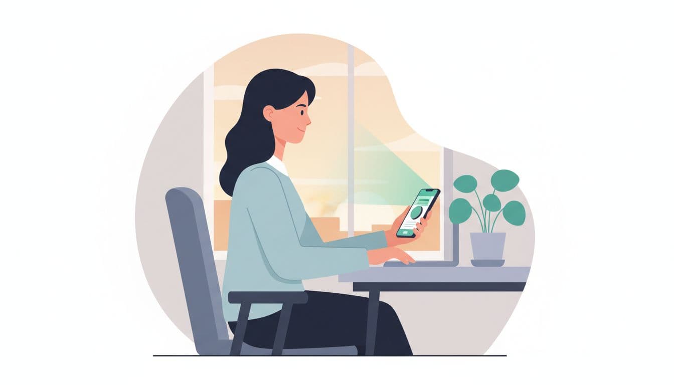 Modern flat illustration of a young professional at a sleek office desk, displaying a relaxed expression with hand naturally resting on a phone showing a blurred wellness app screen. Features clean shapes, controlled colors with teal accent (#14B8A6) on the phone, soft afternoon lighting, calming elements, side-view centered composition, and subtle office background with window and plant.