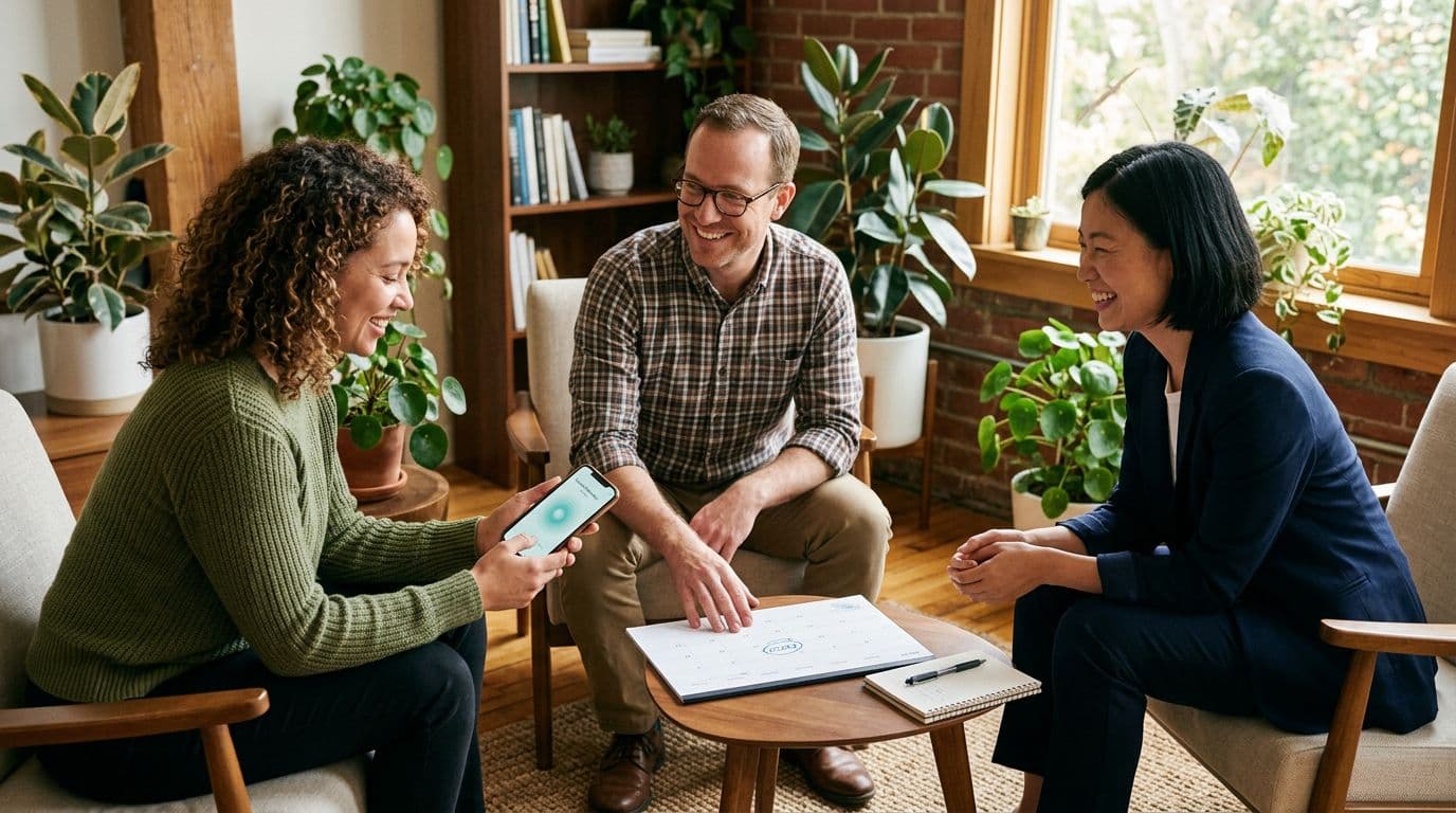Três profissionais em uma reunião descontraída, sentados em círculo, com um deles usando um aplicativo de respiração no celular.