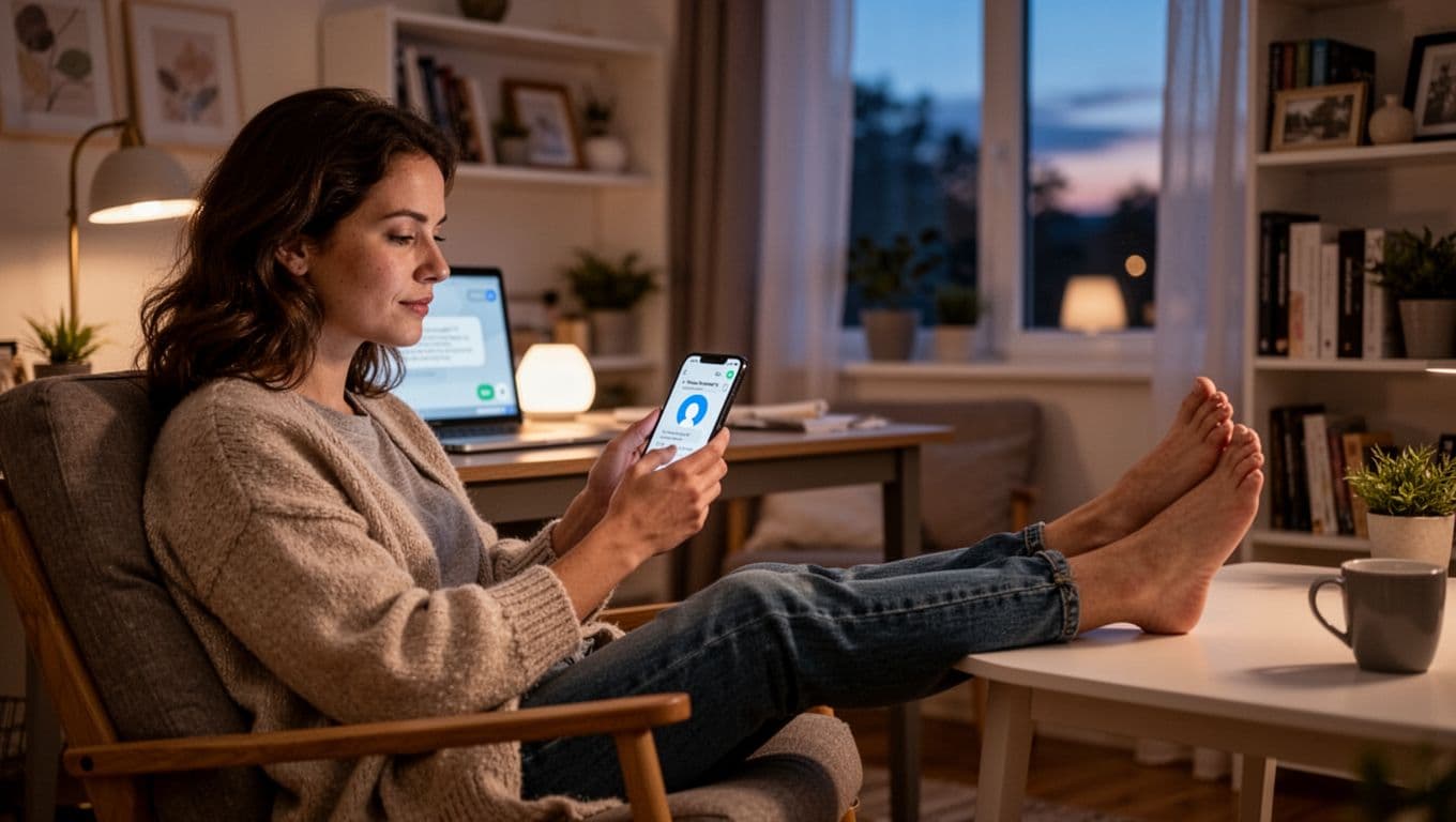Remote worker lounging with feet up in cozy home office, using phone for wellness chat with AI companion amid soft evening light.
