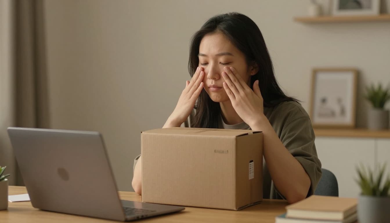 A single person seated at a desk in a cozy home office, performing gentle box breathing with a relaxed posture and subtle calm expression. Closed laptop nearby under warm lighting, realistic photo style with no text or extra objects.