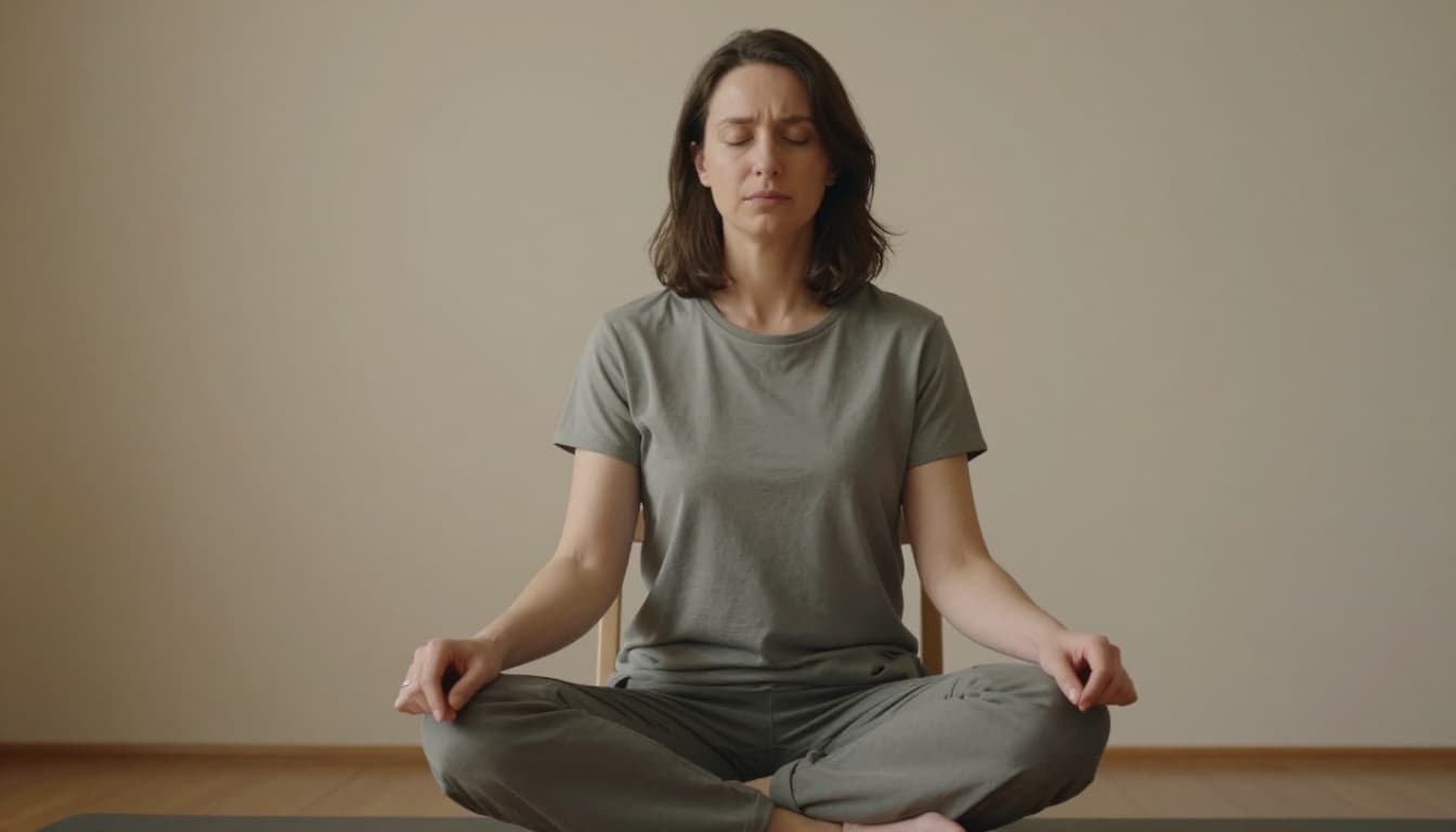 A single person sits calmly in a simple chair with feet flat on the floor, shoulders dropped, hands resting on thighs, and eyes closed, practicing gentle breathing. Neutral indoor setting with soft natural light focuses on the upper body and relaxed facial expression.