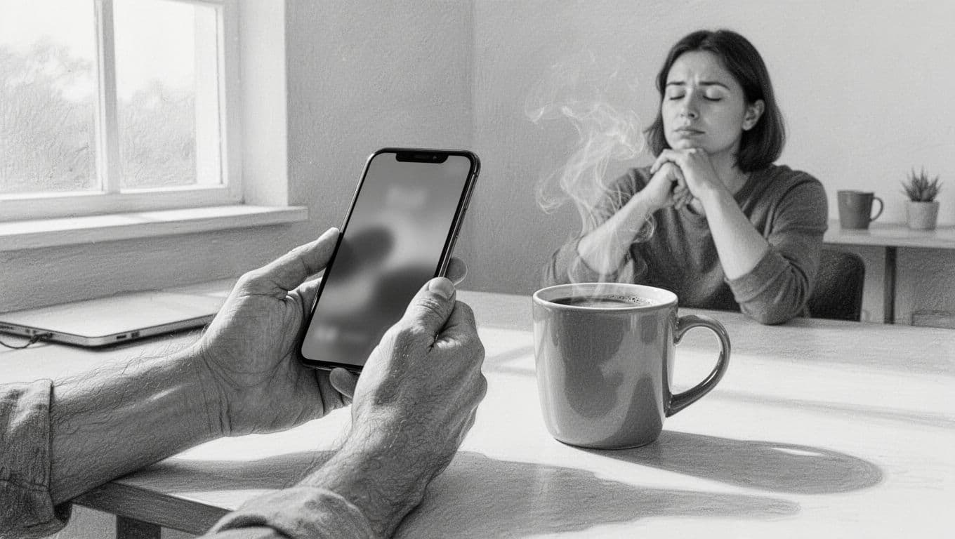 Hand-drawn sketch of hands holding a smartphone with subtle app icon next to a coffee cup on a desk, person in background doing relaxed sigh breath in calm home office setting. Monochromatic graphite linework with light shading on white background, landscape ratio.
