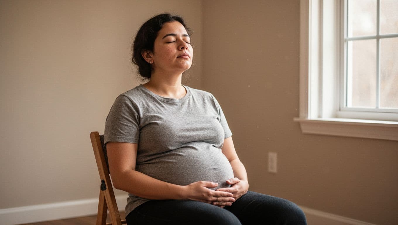 A single person sits calmly in a simple chair with eyes closed, hands resting on lap, shoulders relaxed, and belly gently rising with each breath, in a quiet neutral room with soft natural light.