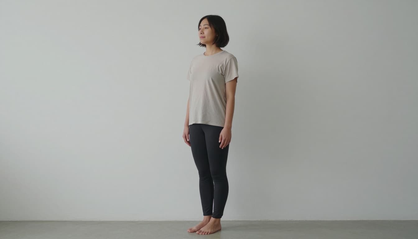 One person standing with back against a plain wall, knees slightly bent, arms loose at sides, face serene with soft focus ahead, demonstrating relaxed posture for breathing practice. Minimal background, side angle composition in photorealistic style with even daylight lighting.