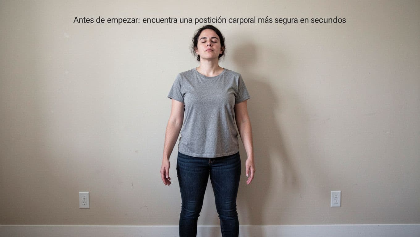 A person stands against a plain wall with feet apart, hands loose at sides, eyes half-closed, practicing slow exhale breathing to achieve a relaxed posture and calm expression in soft even lighting.