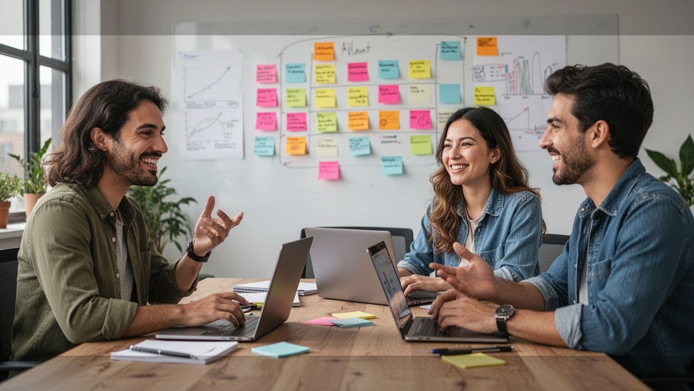 A small startup team collaborates relaxedly in a meeting room with light smiles, post-its on the wall, open laptops while conversing, soft natural light, and dynamic welcoming photographic style featuring two or three people.