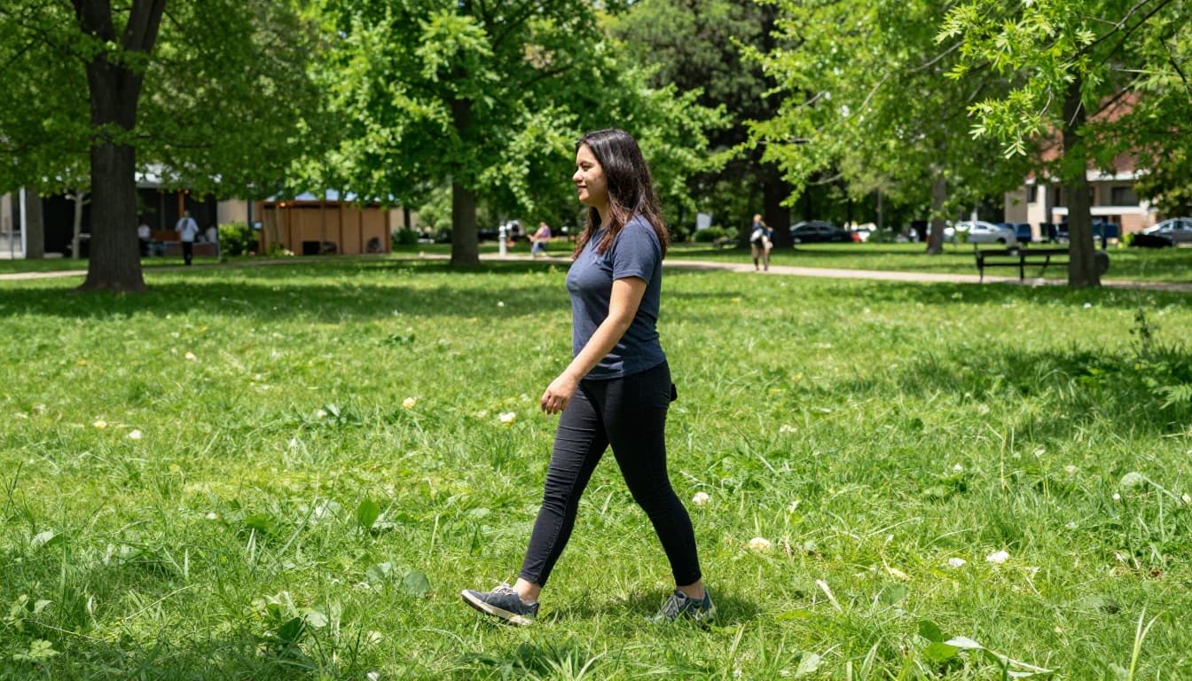 A single person walking with a relaxed and focused expression in a sunny park with green nature background, dynamic full-body composition, vibrant photorealistic style, bright natural daytime lighting, hands loose at sides, no phone or objects.