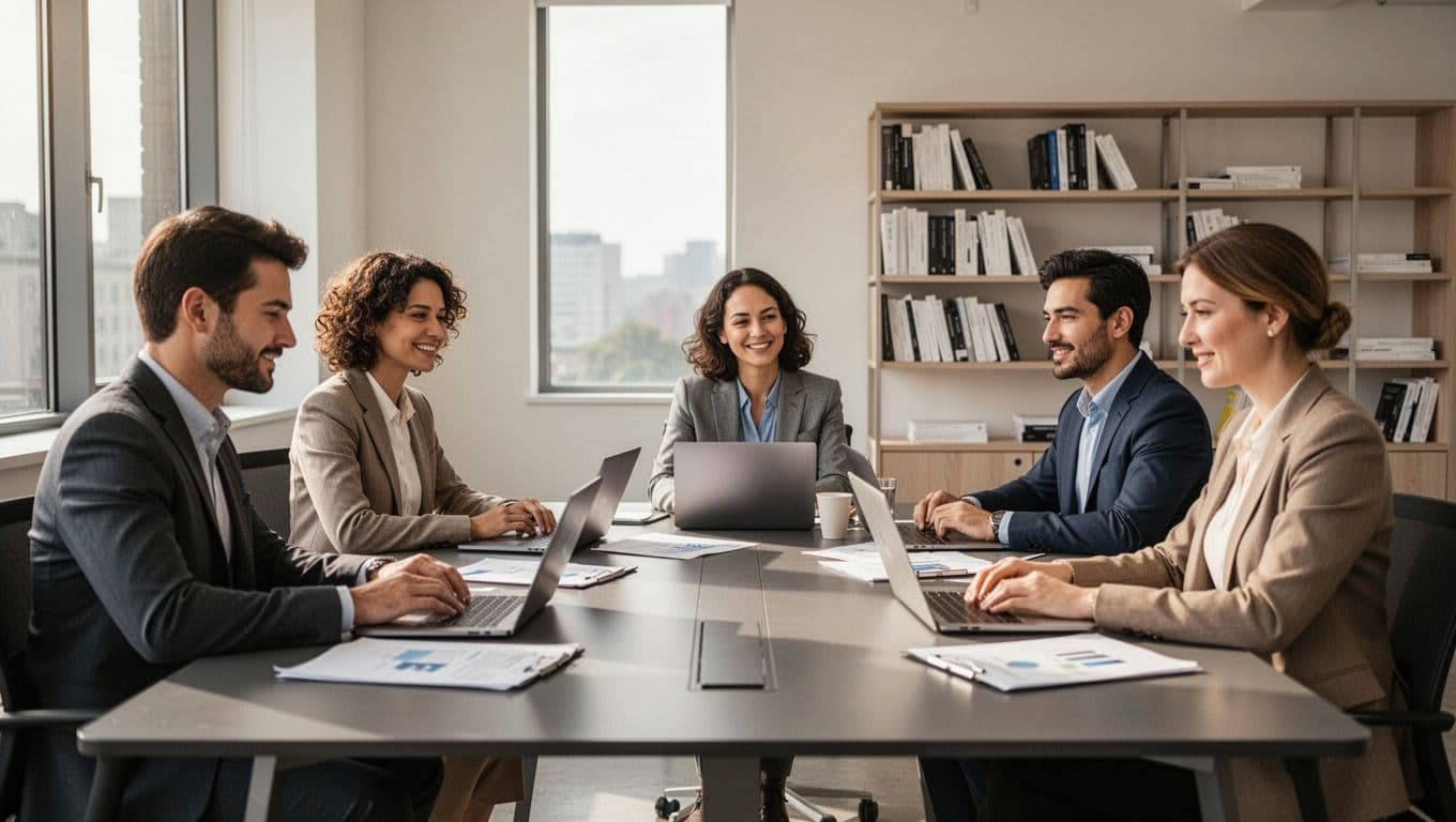 Grupo de cinco profissionais em escritório moderno colaborando relaxados ao redor de uma mesa com laptops e notas, sob luz natural suave, demonstrando interação positiva e foco.