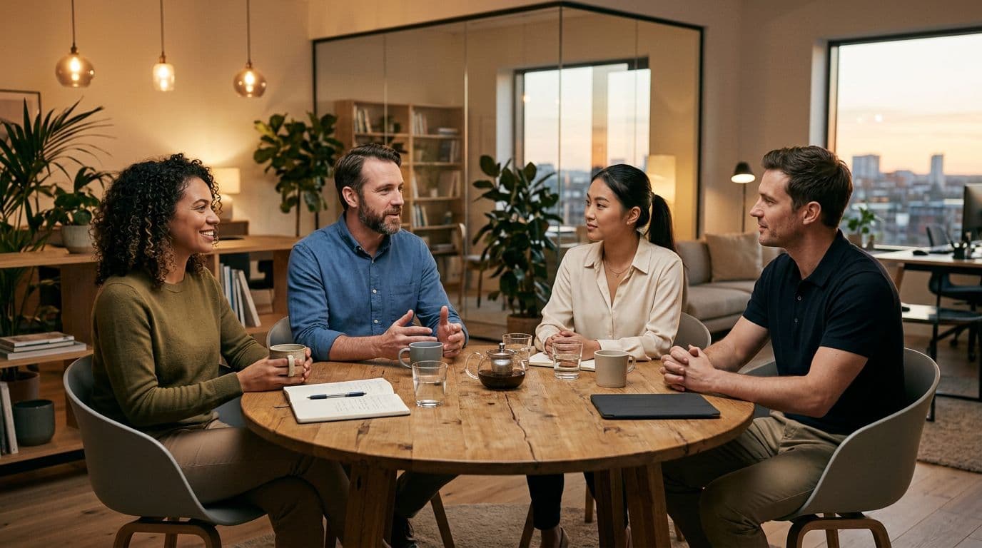 Small group of 4 calm and focused professionals in a stress-free meeting in a modern office with warm lighting, realistic style.