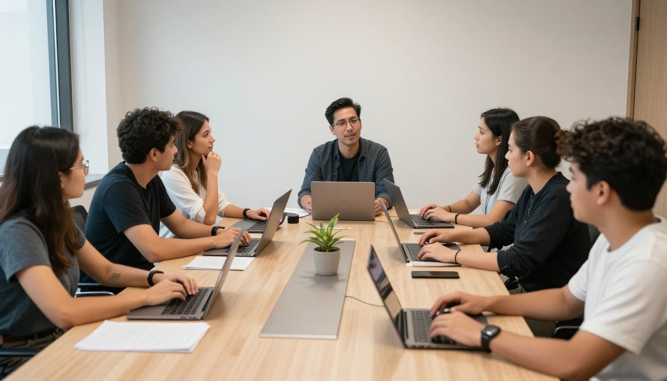 A small group of exactly three professionals in a relaxed team meeting in an open office, all listening attentively while one speaks with a calm gesture. Closed laptops, plants, natural light, modern realistic corporate style, positive collaborative atmosphere with natural hand positions and no distracting elements.