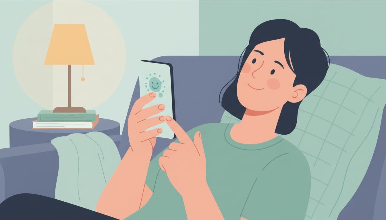 A relaxed person in a cozy home after work holds a smartphone at an angle, selecting an emotion icon on a blurred mood tracker interface. Modern illustration with clean shapes, soft green-blue palette, warm lighting, focusing on hand-phone interaction and prominent face.