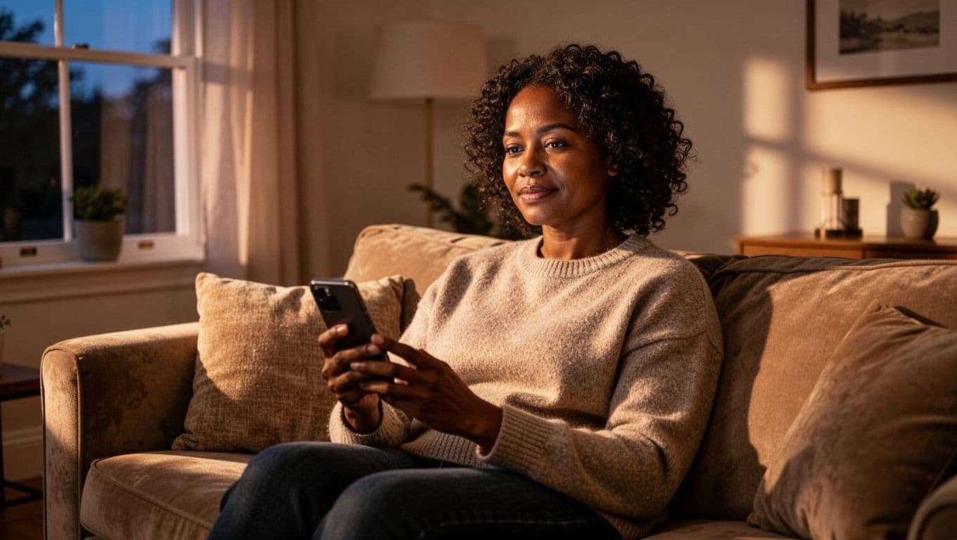 One diverse adult sitting calmly on a sofa in a cozy living room, holding a smartphone with wellbeing app interface implied; relaxed posture, natural evening light from window, focus on serene face and environment.