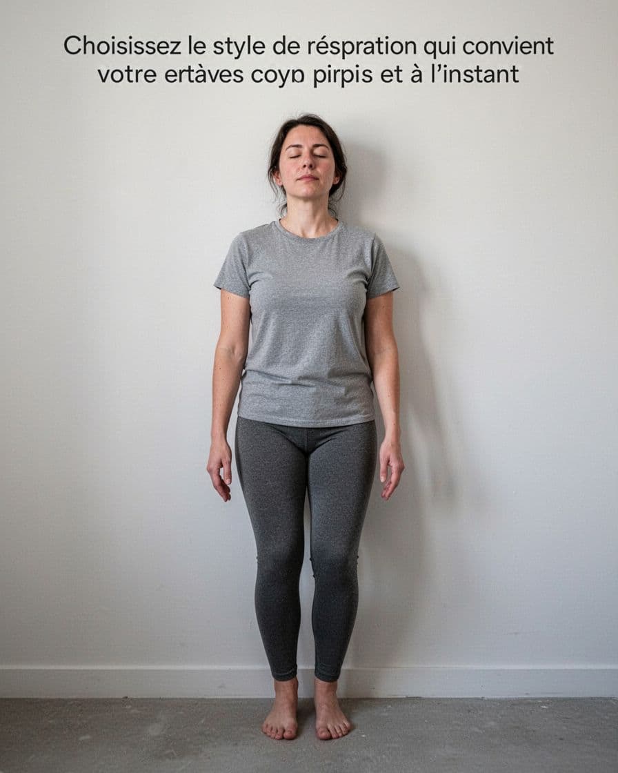 Person standing calmly against a wall with back supported, knees slightly bent, arms loose at sides, and a serene expression, ideal for steady breathing during panic in a minimalist room.