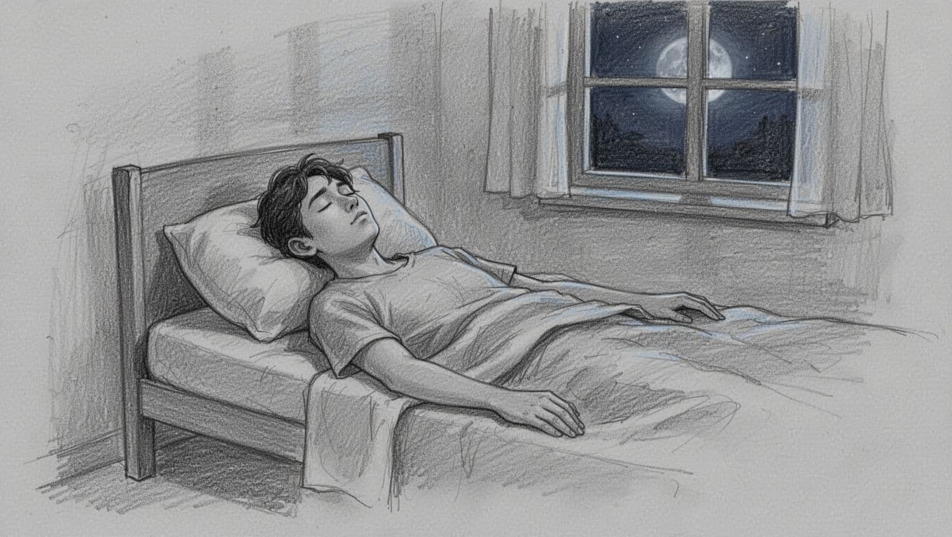 Hand-drawn graphite sketch of a young adult lying relaxed in bed at night with serene closed eyes and subtle chest movement for deep breathing, illuminated by faint moonlight in a peaceful bedroom.
