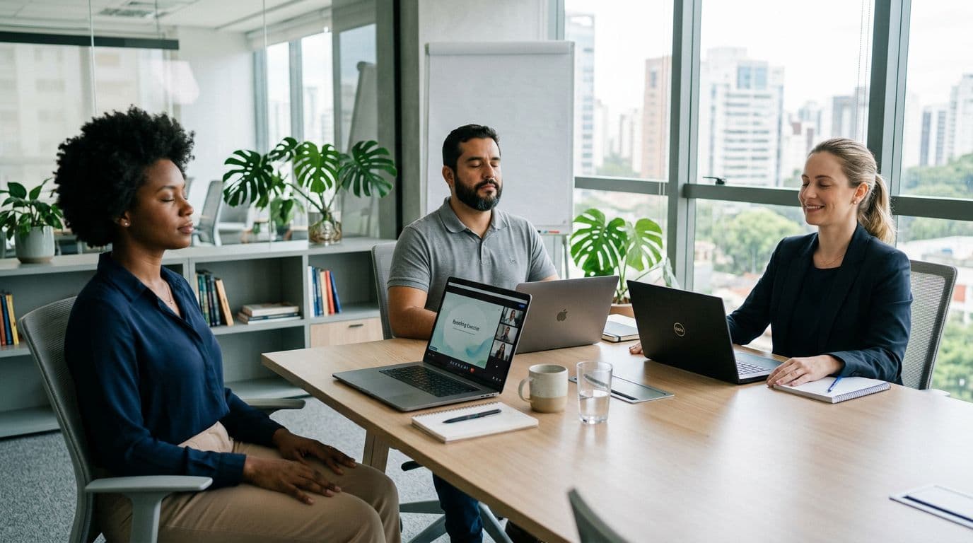 A small group of professionals in a remote meeting takes a guided breathing break, featuring laptop screens, relaxed expressions, and a modern corporate environment in a realistic wide view with two or three people visible, focusing on collective calm.