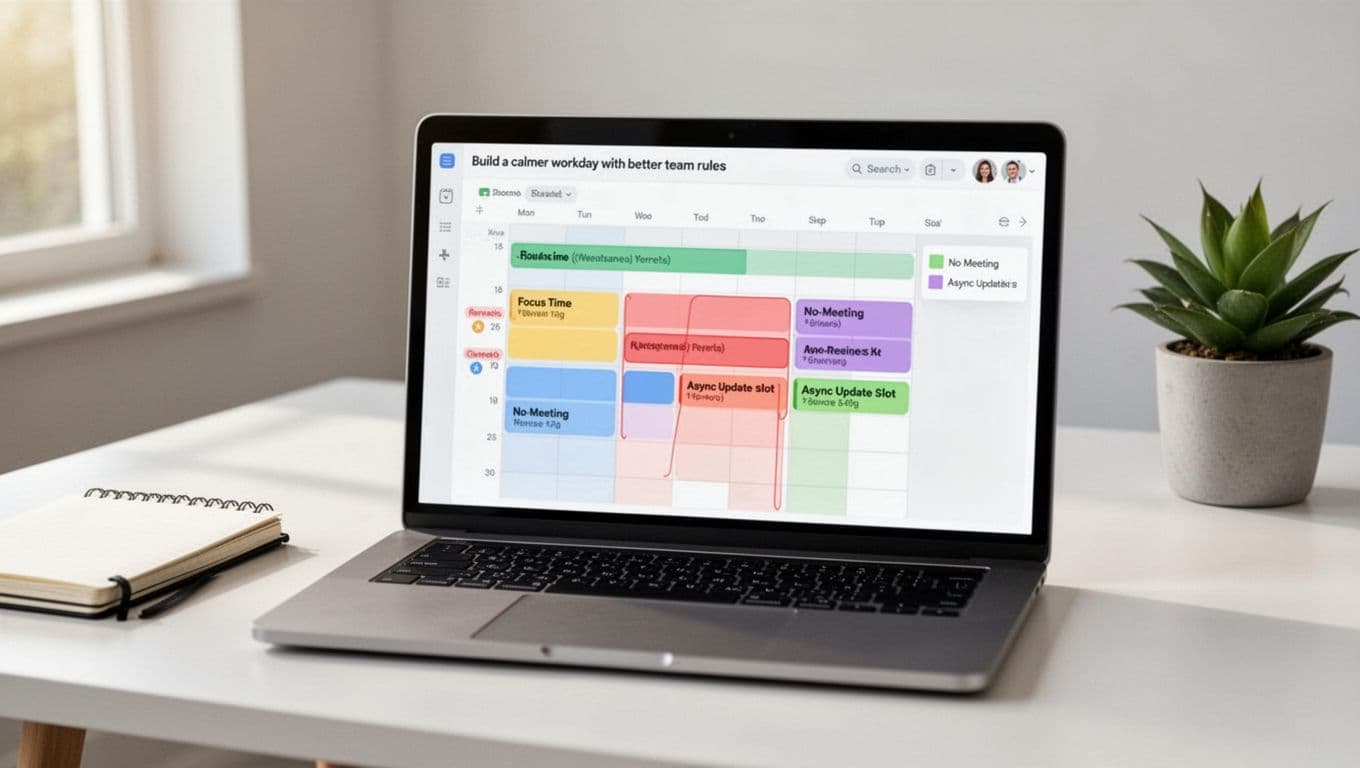 Clean laptop screen showing color-coded blocks for focus time, no-meeting periods, and async updates in a shared digital calendar for remote teams, on a minimalist desk with soft daylight.