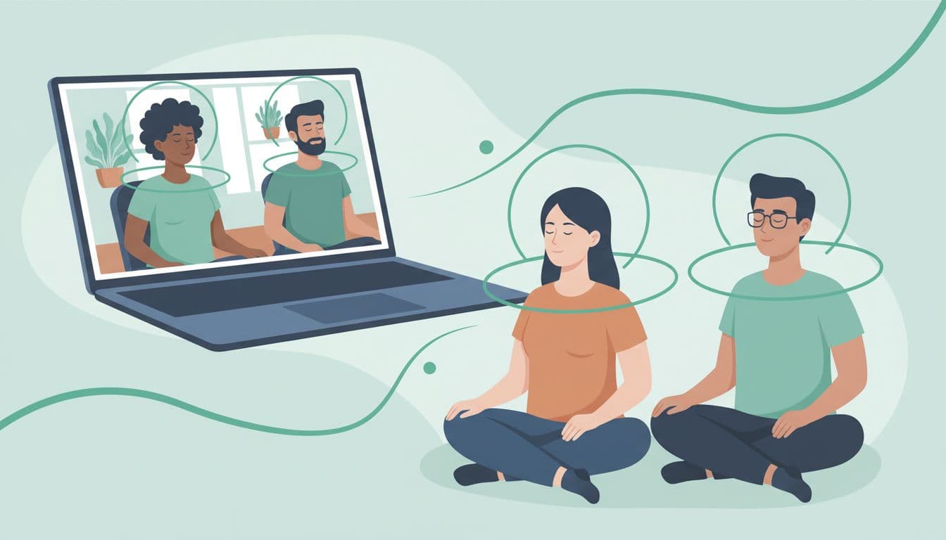 Modern illustration of four diverse remote team members in CDMX pausing for synchronized group breathwork during a virtual call, with two on laptop screen and two in foreground.