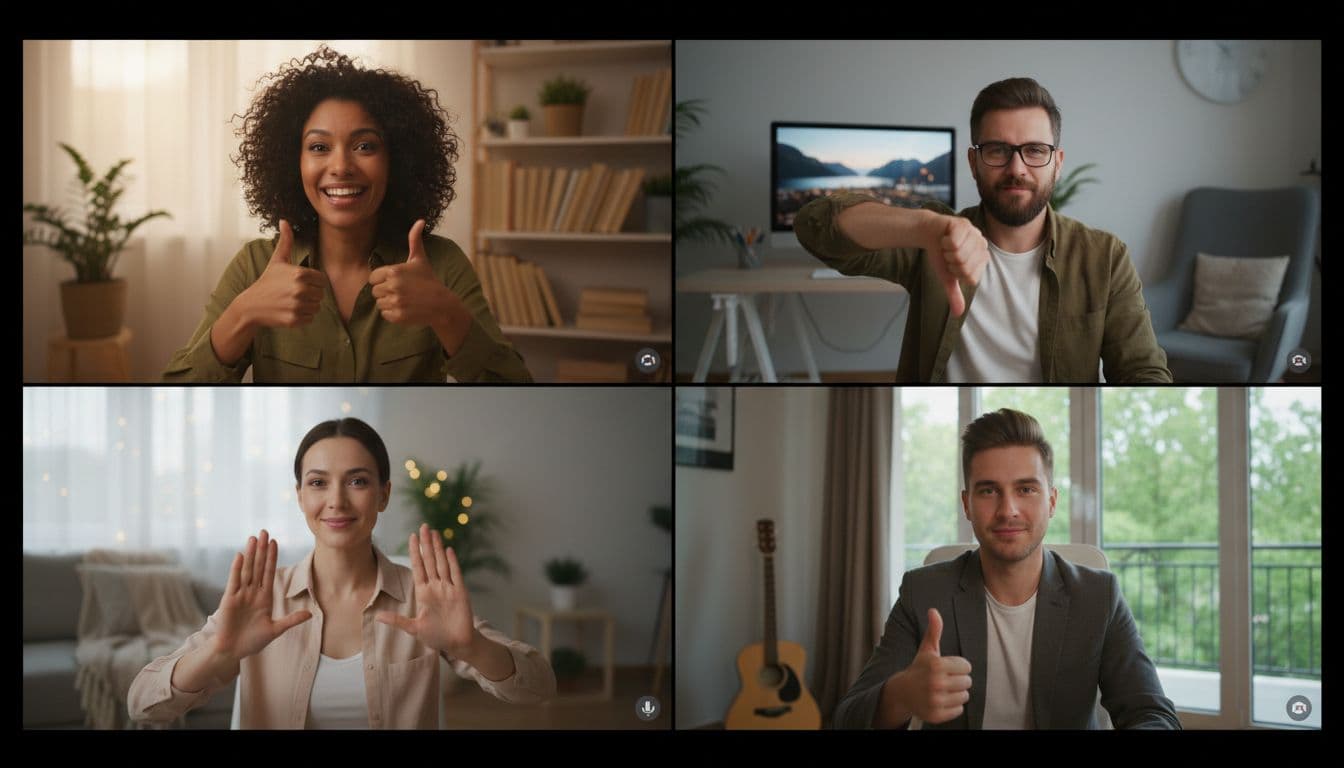Diverse group of four remote workers visible on a video call screen, one signaling a quick team check-in with thumbs up, down, and neutral gestures amid relaxed home office setups and warm lighting.