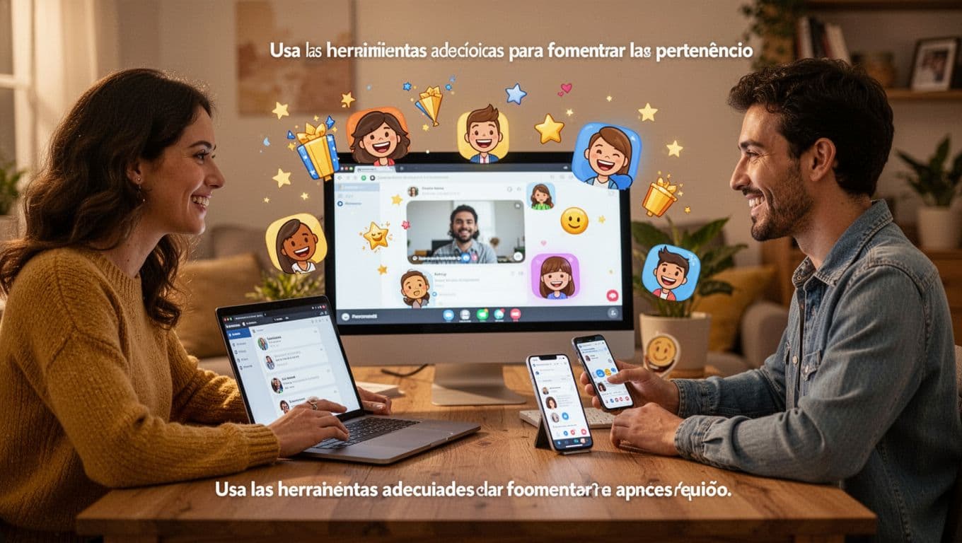Remote team members in a home office use a recognition app on a shared screen with smiling avatars and congratulations icons, laptops and mobile on the table, realistic digital style with warm lighting, focusing on digital connection tools.
