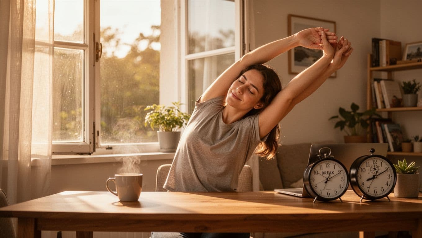 A person stretches at a desk during a remote work break, with an open window, nearby coffee cup, clock showing break time, in a bright room with warm sunlight and relaxed expression, realistic photographic style.