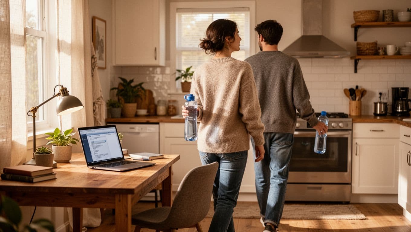 Remote worker at cozy home office desk takes a break, walking to kitchen holding water bottle with laptop closed behind. Photorealistic back view in warm natural light, exactly one person.