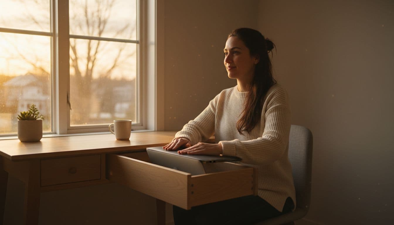 A remote worker in a small cozy home office at the end of the day closes the laptop lid firmly, smiles relaxed, and packs it into a drawer while clearing the desk. Warm evening light streams through the window in a simple, clean composition focused on the action.
