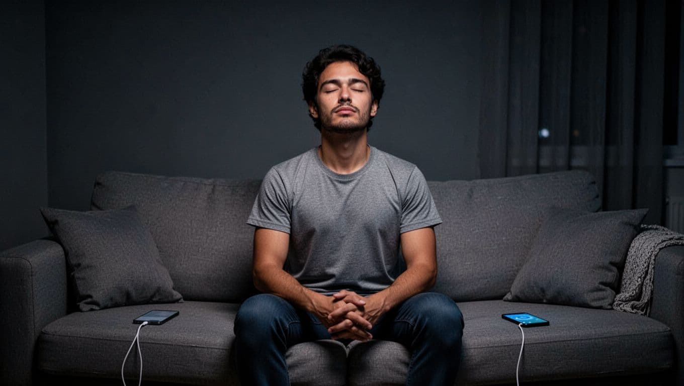 A remote worker sits relaxed on a sofa in a dark room, practicing deep breathing exercise with eyes closed, phone charging in the distance, evoking a peaceful pre-sleep atmosphere.