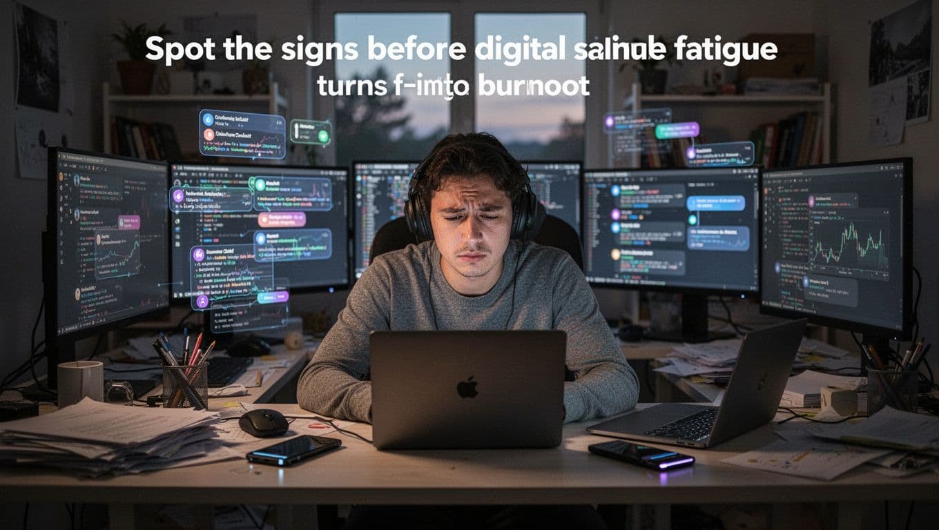 A single exhausted remote worker sits at a cluttered home desk with multiple screens flashing notifications, open laptop, and vibrating phone, under dim afternoon light, illustrating signs of digital fatigue.
