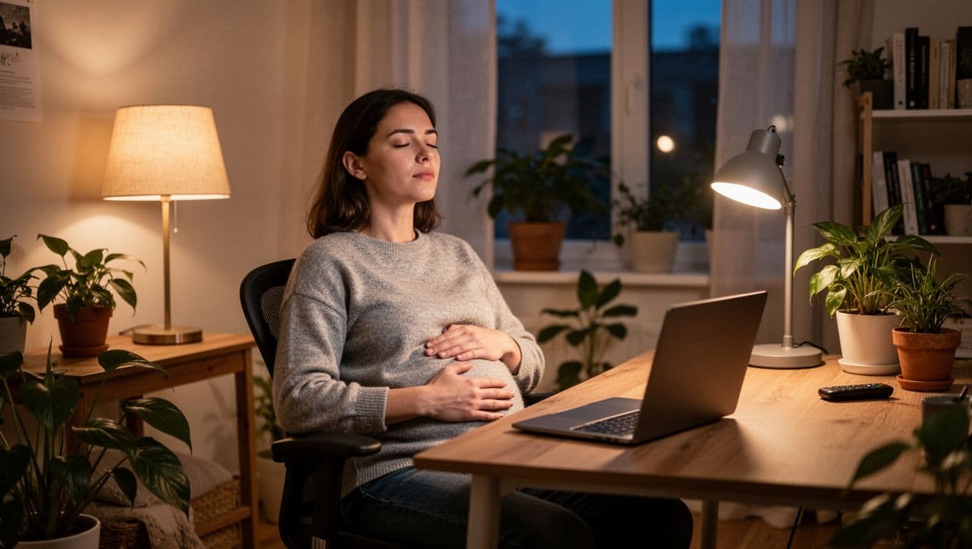 A single remote worker in a cozy home office at evening, sitting at a desk with closed laptop, performing a simple breathing exercise with hands on belly in relaxed posture. Soft warm lamp lighting illuminates plants and creates a peaceful atmosphere before sleep.