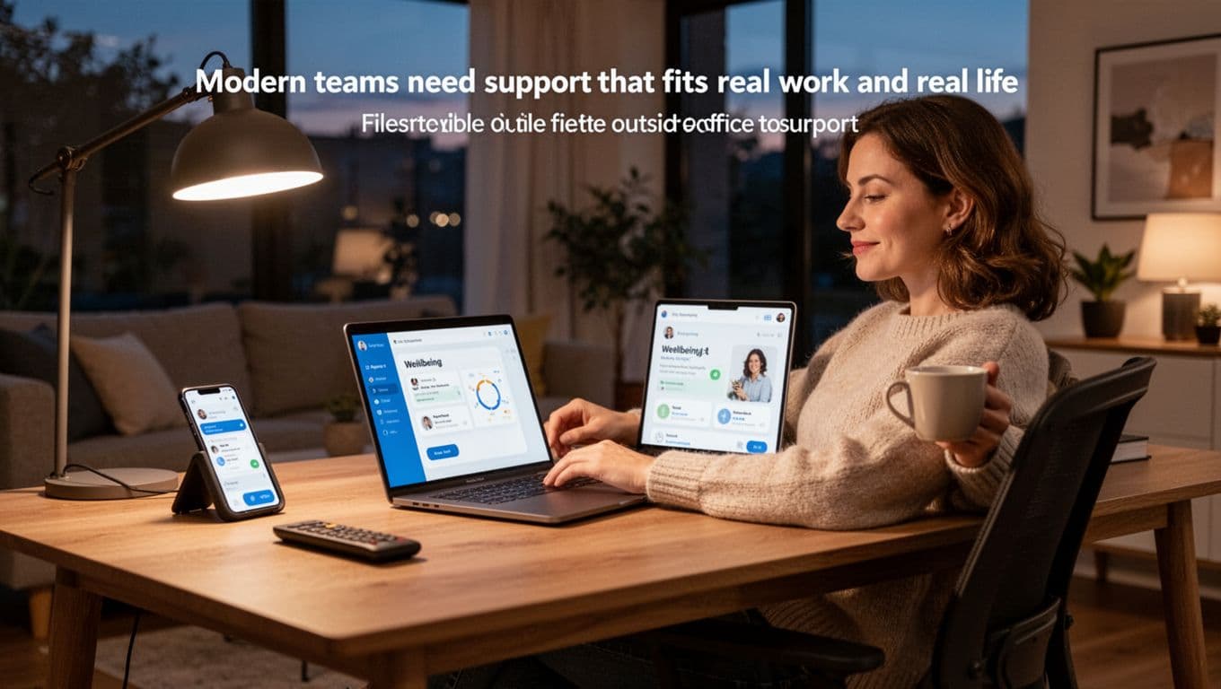 A single remote worker sits relaxed at a modern home desk with laptop and phone, accessing a wellbeing app during evening hours, coffee nearby, warm lighting, realistic style.