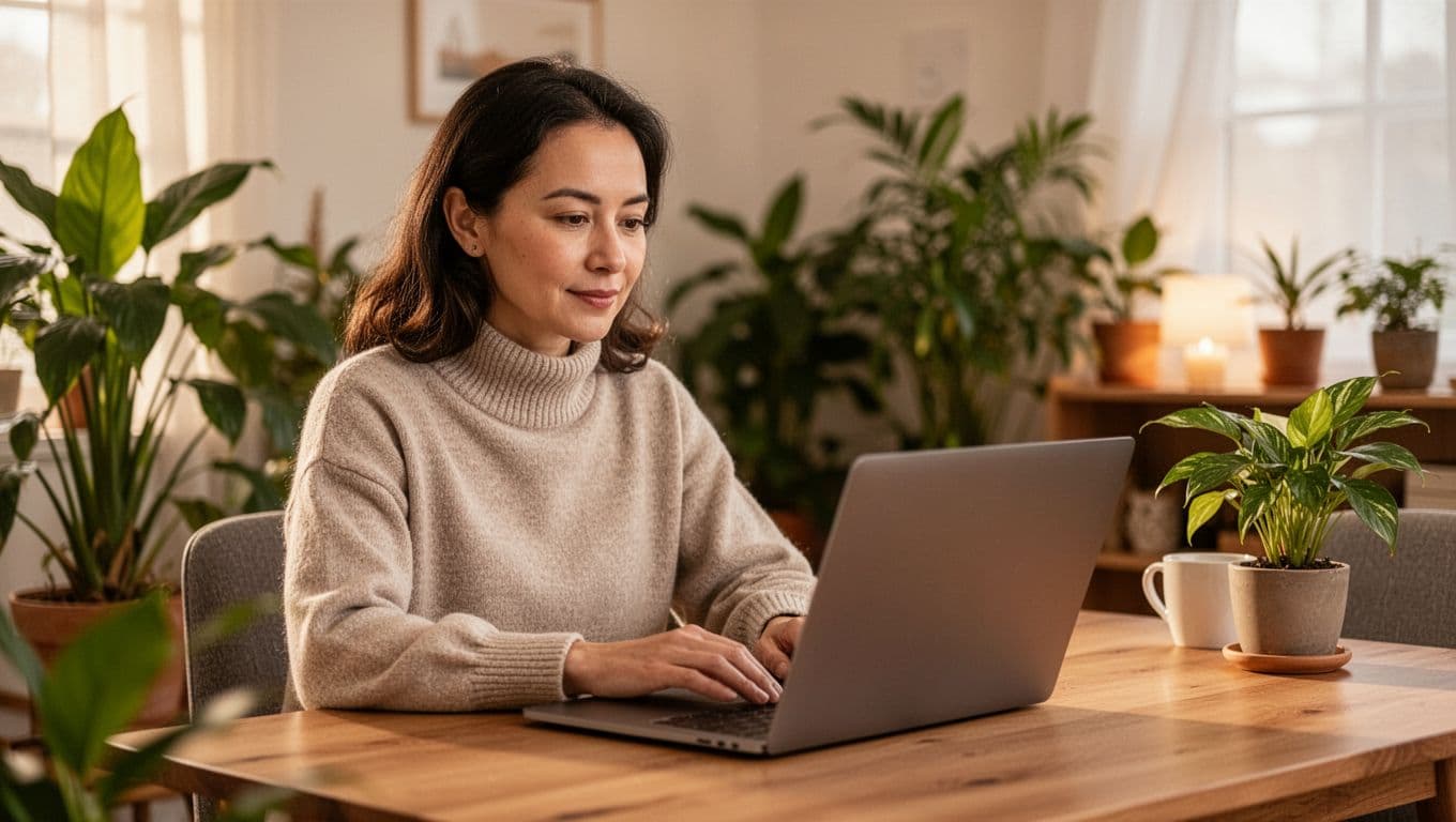 A solo remote employee works from a cozy home setup using a laptop for a virtual wellness coaching session, with plants, soft lighting, and a calm focused expression.