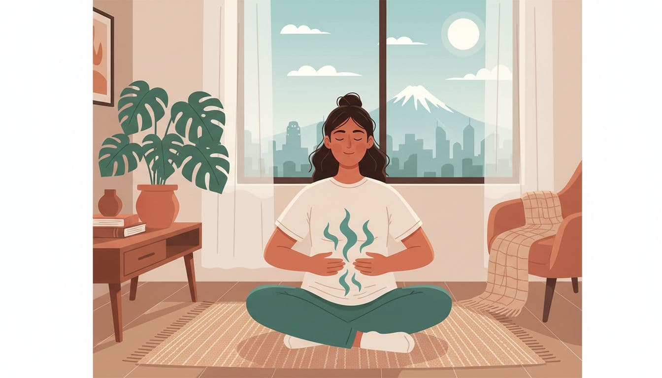 Modern illustration of a remote worker in a cozy Mexico City home office taking a micro-pausa, breathing deeply with hands on belly, relaxed by skyline window.