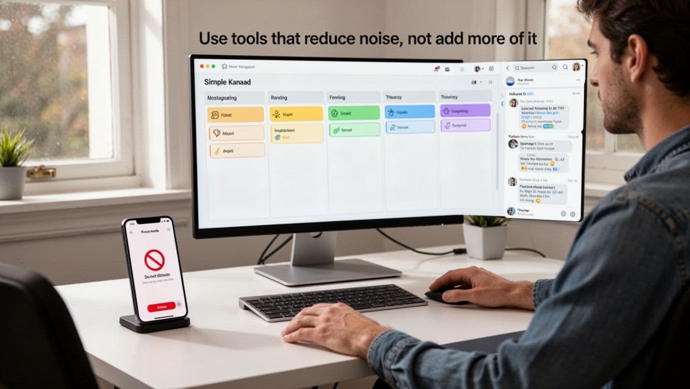 Remote worker at a tidy desk with a task management board displaying simple kanban columns on one monitor, phone on focus mode with do not disturb indicator, and minimized threaded chat. Natural window light illuminates the realistic photo of one person seated with hands relaxed.