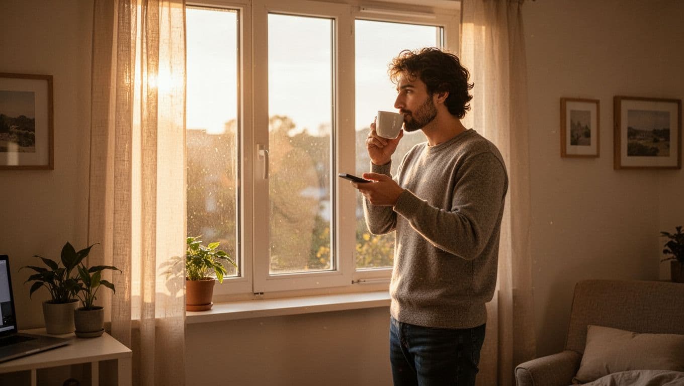 A remote worker stands by the window in a simple home, drinking coffee and gazing outside as warm natural sunlight streams in, starting the day fresh without screens.