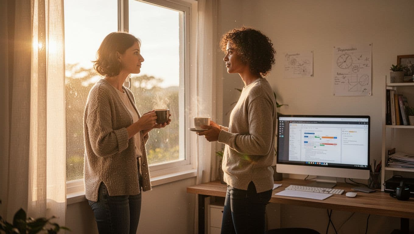 A person stands near a window receiving morning sunlight, holding a coffee cup, looking outside, with a nearby home office setup, evoking a fresh start in natural light.