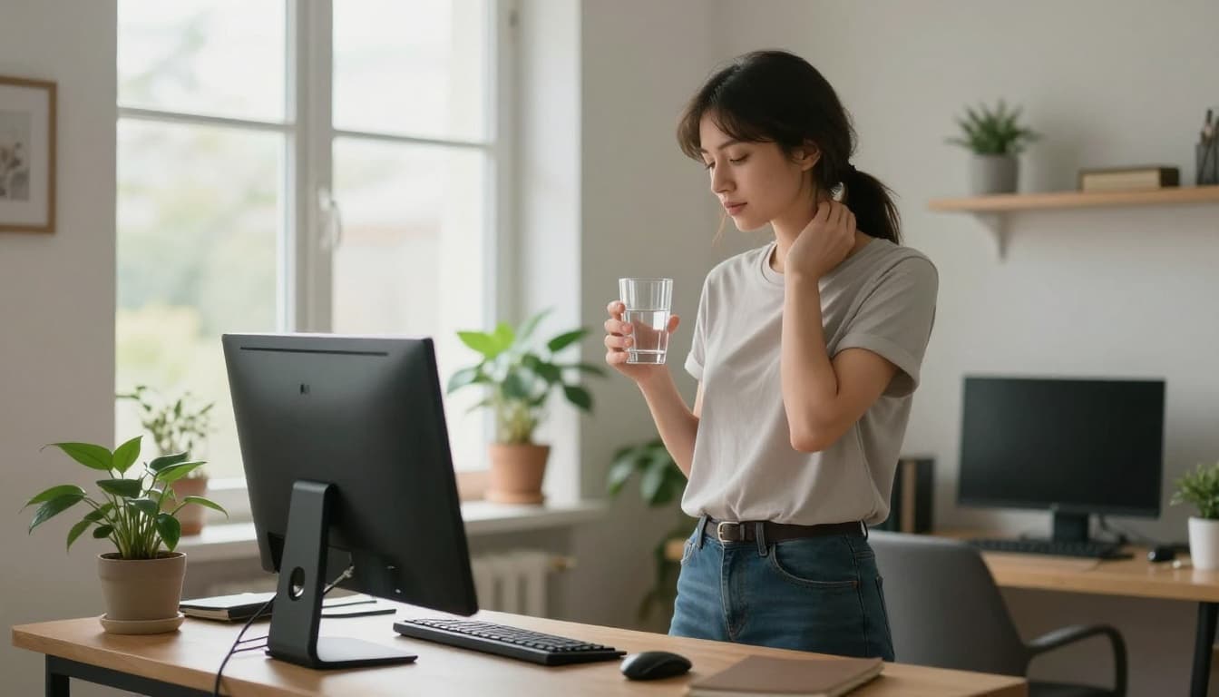 A single remote worker stands at their cozy home workstation, gently stretching their neck while holding a glass of water, surrounded by plants and bathed in natural window light.