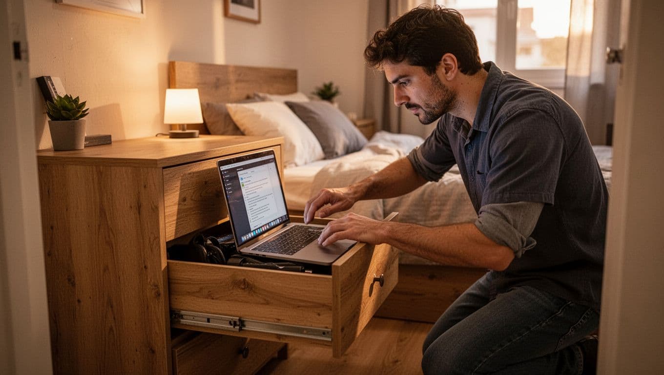 A remote worker in a cozy small apartment stores their laptop in a drawer at the end of the workday, with a neatly made bed visible in the background bedroom under warm late afternoon lighting.