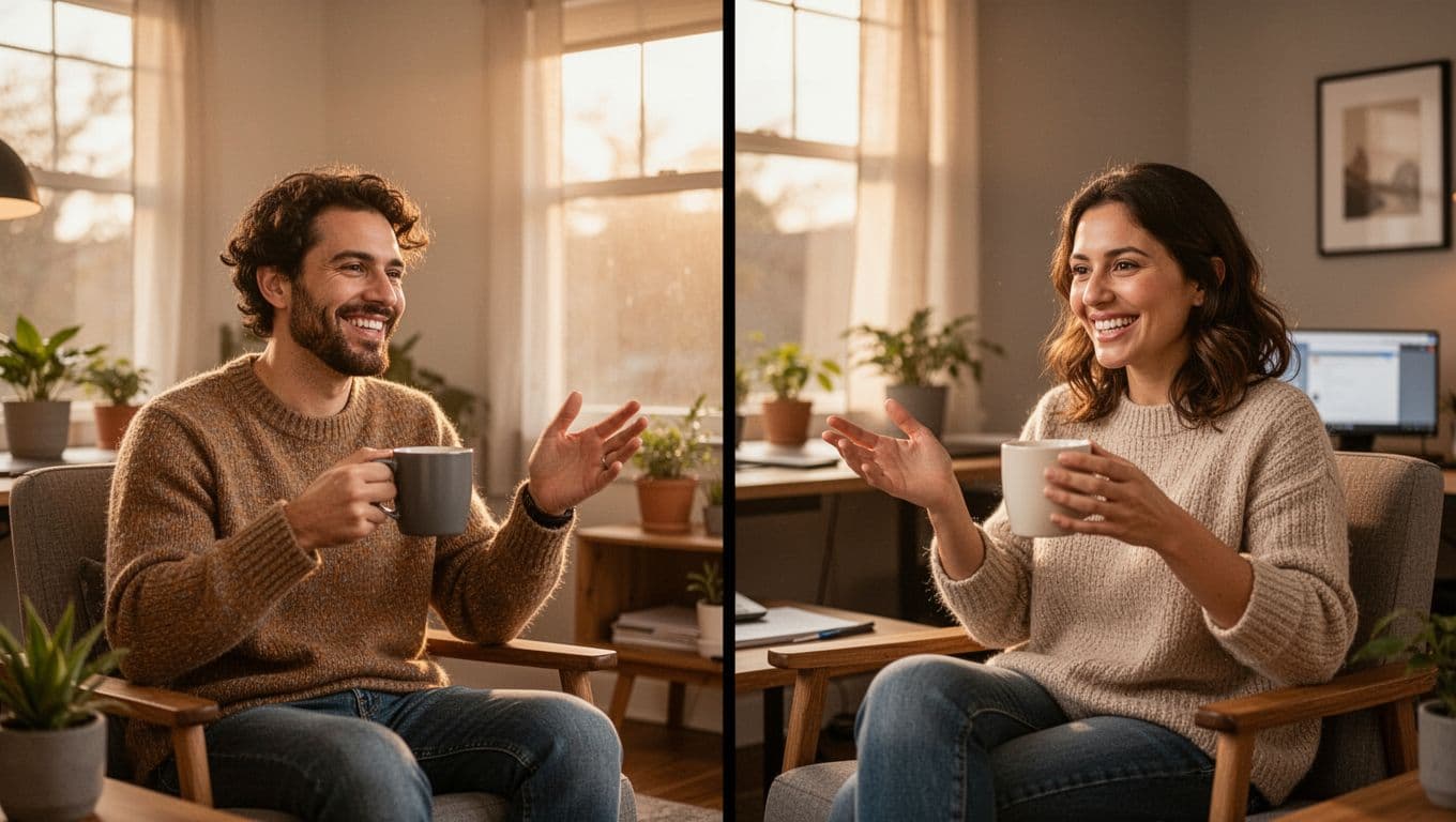 Two remote workers on a relaxed video call from cozy home offices, holding coffee mugs, smiling and gesturing naturally with warm morning light filtering through windows.