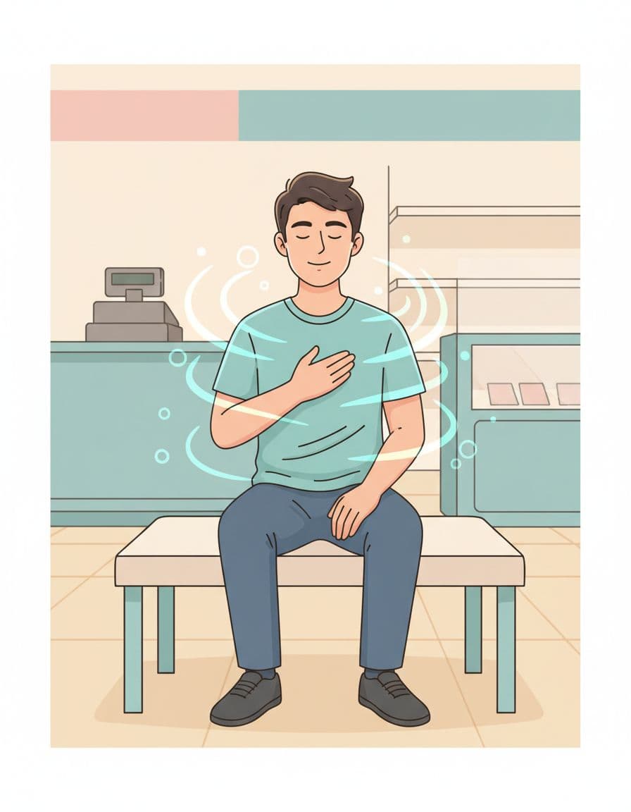 Young retail employee sits in store break area, eyes closed, hand on chest breathing calmly, teal aura visualized, cash register in soft background.