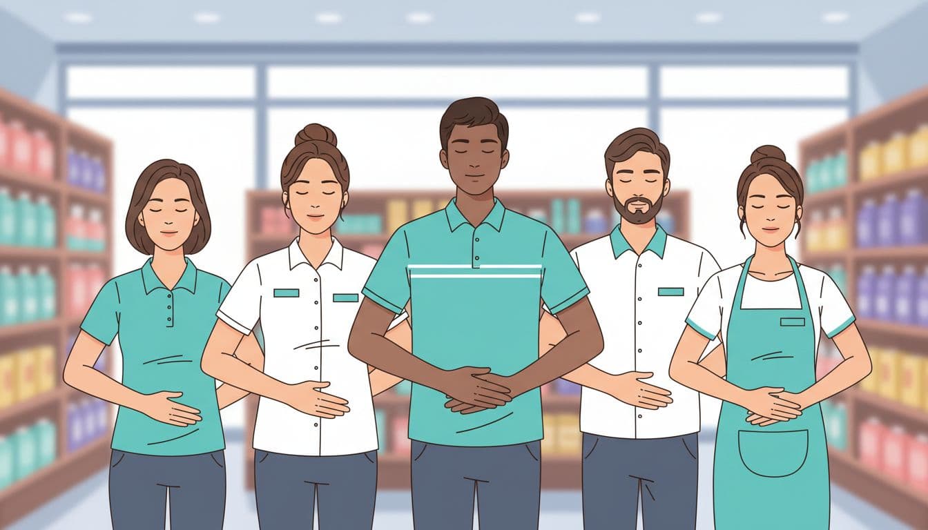 Five diverse retail employees—two women, three men—breathe deeply with hands on abdomens in calm CDMX store amid shelves.