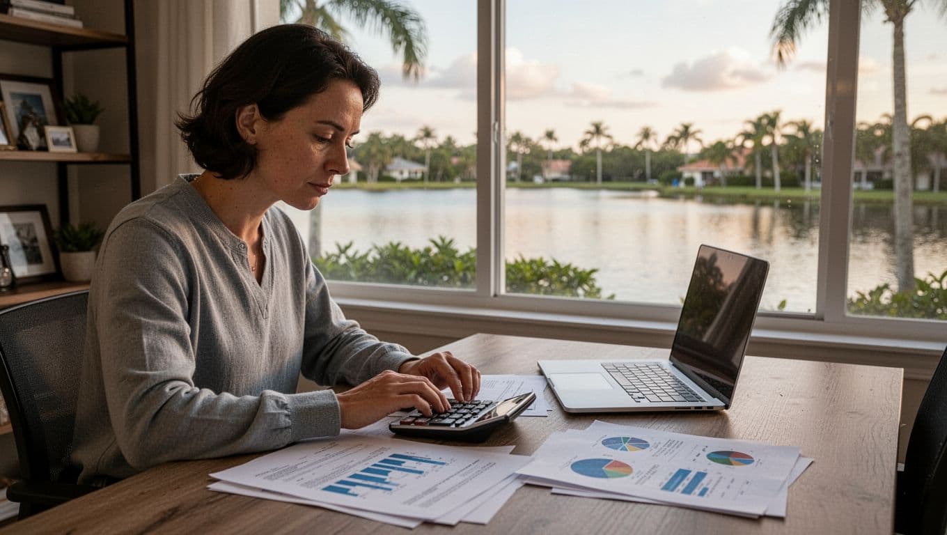 Cómo empezar un restaurante en Florida (sin perder el sueño en el intento) 3 A calm individual reviews financial documents and calculator at a desk in a home office with a Florida lake view through the window, soft morning light, charts on papers, and a laptop prop.